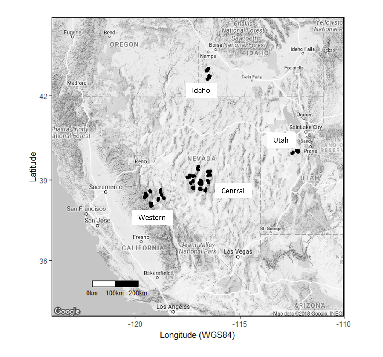 Areas in which we collect data in the Great Basin